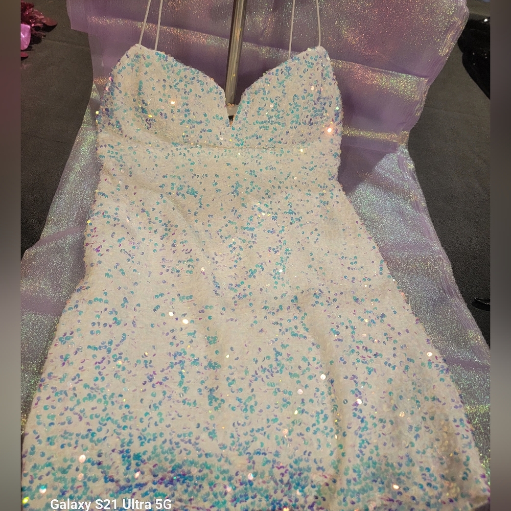 Silver and White Sequin Embellished Mini Dress